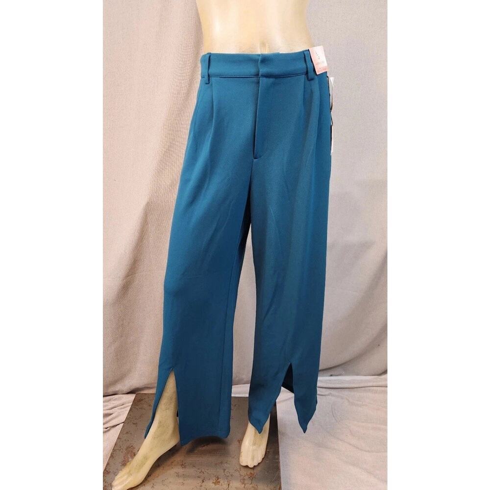 Happily Grey Wide Leg Pants Women Size 1 Teal Slit Hem Dress Pants NWT